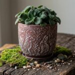 Decorative Ceramic Planter Pot with Saucer, Brown with Gold and Silver Owl Patte... - Image 7