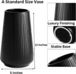 Luxury Tall 12 Inches Black Ceramic Vase, Modern Ribbed Fluted Design, Flower Va... - Image 3