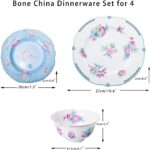 Bone China Dinnerware Set, 12-Piece Vintage Floral Butterfly Plates and Bowls Se... - Image 3
