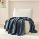 Blue Throw Blanket, Knit Throw Blanket for Couch, Soft Cozy Stretchy Reversible ... - Image 4