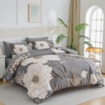 Luxudecor Floral Queen Comforter Set 7 Pieces Bed in a Bag, White Flower Print o... - Image 3