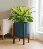 D'vine Dev Ceramic Planter with Walnut Color Stand - 12 Inch Modern Round Flower... - Image 3