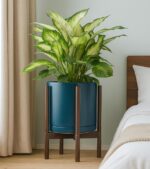 D'vine Dev Ceramic Planter with Walnut Color Stand - 12 Inch Modern Round Flower... - Image 7