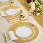 FOCUSLINE Gold Plastic Plates Set of 102, Disposable Plates with Gold Grid Rim 5... - Image 3
