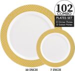 FOCUSLINE Gold Plastic Plates Set of 102, Disposable Plates with Gold Grid Rim 5... - Image 7