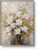 Hand-Painted White and Gold Flowers Oil Painting On Canvas for Living Room,Large... - Image 4
