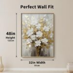 Hand-Painted White and Gold Flowers Oil Painting On Canvas for Living Room,Large... - Image 5