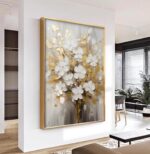 Hand-Painted White and Gold Flowers Oil Painting On Canvas for Living Room,Large... - Image 6