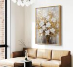 Hand-Painted White and Gold Flowers Oil Painting On Canvas for Living Room,Large... - Image 7