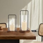Glass Hurricane Candle Holder with Metal Handle and Wooden Base, Modern Home Dec... - Image 5