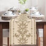 Vintage Gold Scrollwork Border Dining Table Runner, Retro Luxury Golden Damask B... - Image 5