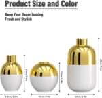 White and Gold Ceramic Flower Vase Set of 3,Glossy Gold Modern Round Decorative ... - Image 3