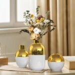 White and Gold Ceramic Flower Vase Set of 3,Glossy Gold Modern Round Decorative ... - Image 4