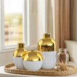 White and Gold Ceramic Flower Vase Set of 3,Glossy Gold Modern Round Decorative ... - Image 5