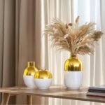 White and Gold Ceramic Flower Vase Set of 3,Glossy Gold Modern Round Decorative ... - Image 6