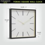 Forma Square Modern Wall Clock, 16" Minimalist Black Frame with Gold Trim, Quart... - Image 4
