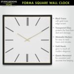 Forma Square Modern Wall Clock, 16" Minimalist Black Frame with Gold Trim, Quart... - Image 6