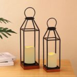 Perfnique Metal Lanterns w/ Pine Wood, Set of 2 Farmhouse Lantern Decorative w/ ... - Image 4