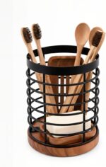 Wooden Utensil Holder for Kitchen Countertop, Rustic Metal Wire Cutlery Stand wi... - Image 5