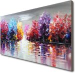 Hand Painted Lake Landscape Canvas Wall Art with Colorful Tree Thick Texture Oil... - Image 3