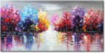 Hand Painted Lake Landscape Canvas Wall Art with Colorful Tree Thick Texture Oil... - Image 4