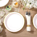 Potchen 50 Pcs Gold Disposable Paper Plates 10 Inch White with Gold Rim Strong H... - Image 6