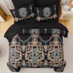 Mybedsoul 7 Pieces Black Comforter Set King Size, Gold Damask Bed in a Bag for K... - Image 4