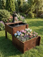 Outdoor Water Fountain，Floor Wooden Rectangular Double-Layer Old-Fashioned Pump ... - Image 3