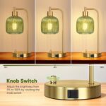 QiMH Industrial Table Lamp for Bedroom Set of 2, Green Glass Beside Lamp with US... - Image 4