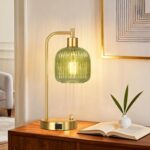 QiMH Industrial Table Lamp for Bedroom Set of 2, Green Glass Beside Lamp with US... - Image 7