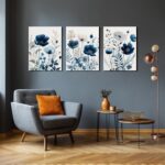 LLEEMPI Framed Navy Blue Floral Wall Art Set of 3, Modern Wildflower Wall Decor,... - Image 3