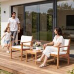 Flamaker Patio Chairs 3 Piece Acacia Wood Patio Furniture with Coffee Table & Cu... - Image 3