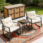 SUNCROWN 3 Piece Outdoor Rocking Bistro Set Black Wicker Furniture Porch Chairs ... - Image 5