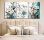 3Pcs White Gold Flower Canvas Wall Art Modern Luxury Blue White Gold Abstract Ma... - Image 4