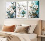 3Pcs White Gold Flower Canvas Wall Art Modern Luxury Blue White Gold Abstract Ma... - Image 5