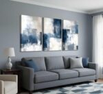 3 Pcs Navy Blue Abstract Canvas Wall Art Modern Minimalist Neutral Blue and Grey... - Image 4