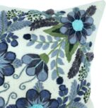 Handmade Wool Embroidered Cushion Cover, Blue Jean Floral Design, 16 x 16 inches... - Image 3