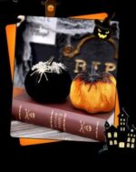 2 Pack Halloween Decorative Pumpkins with Spider Ornaments, Black and Orange Vel... - Image 3