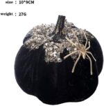 2 Pack Halloween Decorative Pumpkins with Spider Ornaments, Black and Orange Vel... - Image 4