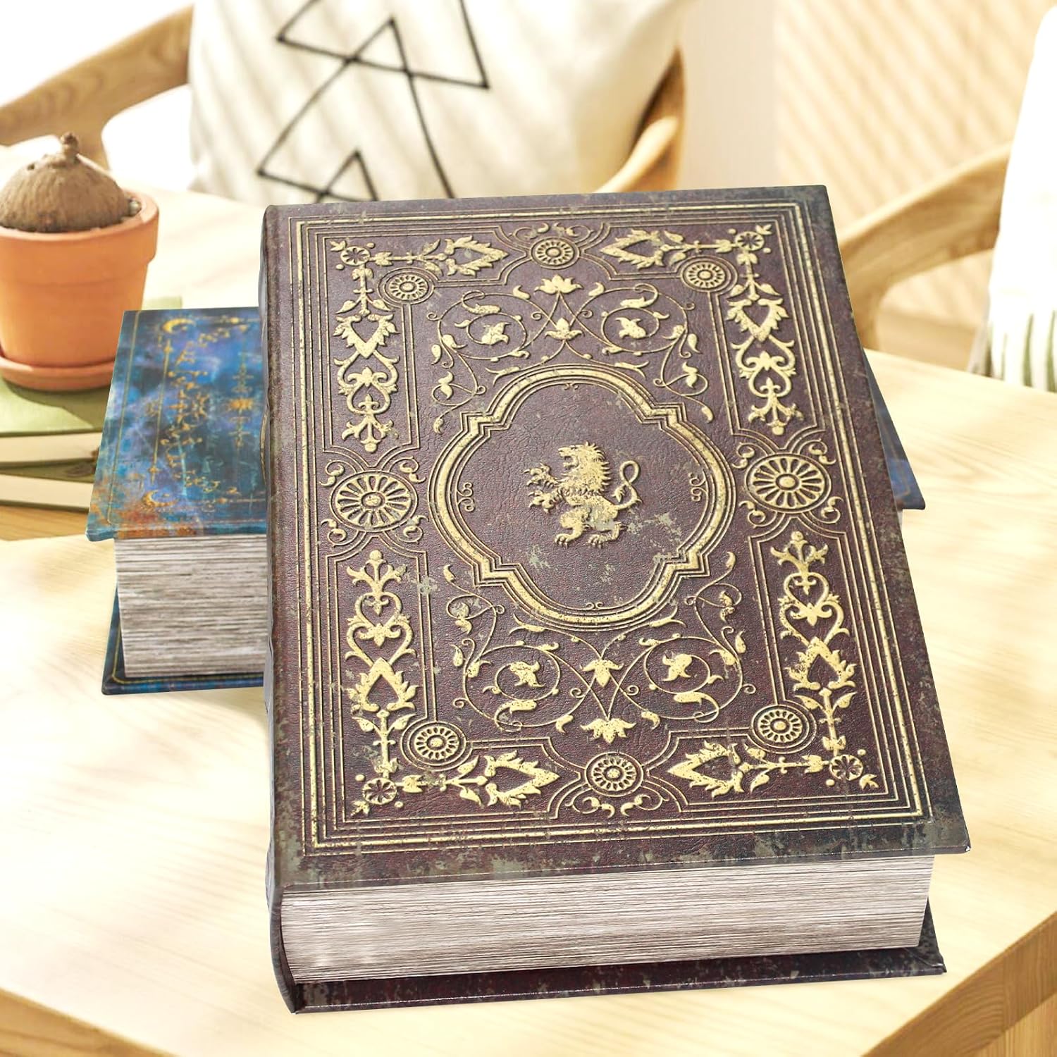 Faux Leather Decorative Book Storage Box with Embossed Lion Crest, Vintage Look ... - Image 3