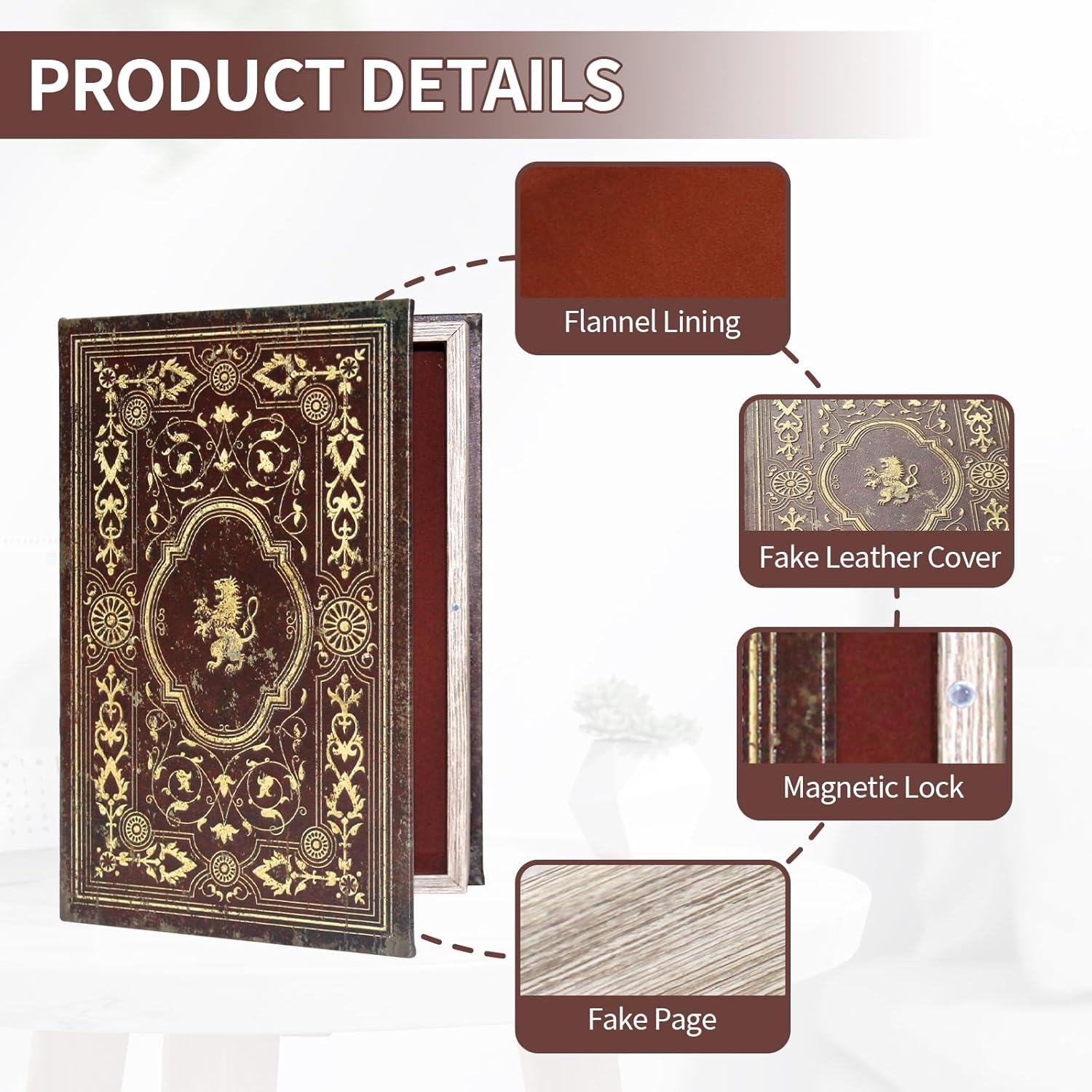 Faux Leather Decorative Book Storage Box with Embossed Lion Crest, Vintage Look ... - Image 5