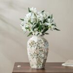 Vintage Pastoral Octagonal Ceramic Vase 9.1”, Green & Beige Chinoiserie Floral V... - Image 3