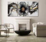 3pcs Black And Gold Abstract Canvas Wall Art Modern Black Grey And Gold Flower M... - Image 3
