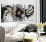 3pcs Black And Gold Abstract Canvas Wall Art Modern Black Grey And Gold Flower M... - Image 5
