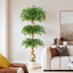 6ft Large Ficus Artificial Trees in White Pot, 72" Tall Fake Silk Tree with Natu... - Image 3