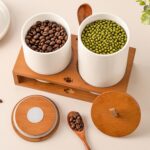 White Ceramic Canister Set of 2 with Bamboo Lids, Wooden Stand & Spoons – 35oz &... - Image 5