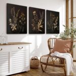 Black Botanical Canvas Wall Art Set of 3 Vintage Floral Art Moody Flower Wall De... - Image 3
