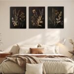 Black Botanical Canvas Wall Art Set of 3 Vintage Floral Art Moody Flower Wall De... - Image 5