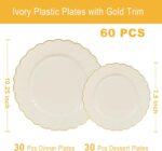 60PCS Elegant Ivory Scalloped Disposable Plastic Plates with Gold Rim, 30 Dinner... - Image 4