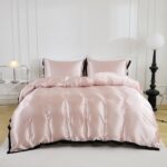 Pink Satin Duvet Cover Set Extra Comfy Silky Bedding Set Black Fringe Elegant De... - Image 3